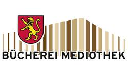 Das Bild zeigt ein Logo mit dem Text "Bücherei Mediathek" unter einem stilisierten Barcode und einem Wappen mit einem gelben Löwen auf rotem Hintergrund.